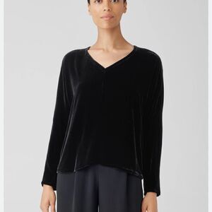 EILEEN FISHER Women's V-Neck Silk & Velvet Long-Sleeve Top